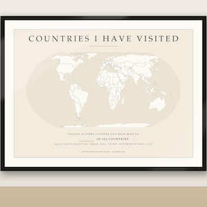 Pode incluir: Um mapa-múndi emoldurado com fundo creme e massas terrestres brancas. O texto diz: COUNTRIES I HAVE VISITED, COLOUR IN EVERY COUNTRY YOU HAVE BEEN TO, OF 195 COUNTRIES, EQUAL EARTH PROJECTION - EQUAL-AREA - ŠAVRIČ, PATTERSON & JENNY, 2018.