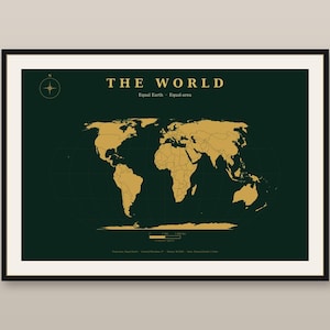 True Size World Map Print | Equal Earth Projection Emerald & Gold Wall Art | Accurate Country Sizes | Digital Download