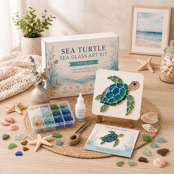 Può includere: Un kit artistico con vetro marino a forma di tartaruga marina, composto da una scatola bianca con testo, un contenitore in plastica con vetri marini blu e verdi, una colla per vetro, un cavalletto in legno con un mosaico e una guida passo dopo passo.