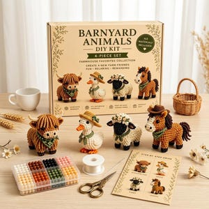 May include: A Barnyard Animals DIY Kit box set containing four finished crochet-style animal figures: a highland cow, a duck with a hat, a sheep with a floral crown, and a horse with a hat. Includes a bead organiser, white thread, scissors, and instructions.