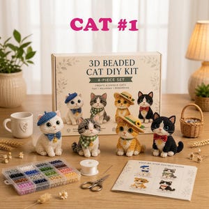 May include: A 3D beaded cat DIY kit featuring a box labeled 3D BEADED CAT DIY KIT 4-PIECE SET, four finished beaded cat figurines, a plastic organizer with assorted beads, a spool of white thread, metal scissors, and an instruction booklet.