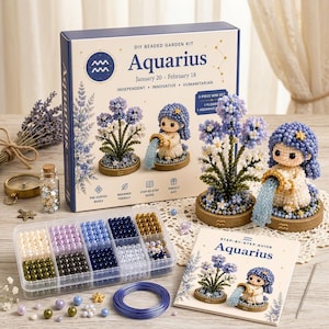 May include: A DIY beaded garden kit featuring an Aquarius theme. The box displays a beaded flower arrangement and a figure pouring water. Includes a plastic organizer with assorted colored beads, a coil of blue wire, a step-by-step guide, and two finished beaded displays on wooden bases.