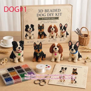 Könnte beinhalten: Ein 3D-Perlen-Hunde-Bastelset, 4-teilig, bestehend aus einem Karton, vier fertigen Hunde-Figuren aus Perlen, einem Kunststoff-Sortierkasten mit bunten Perlen, einer Rolle weißem Garn und einer Schritt-für-Schritt-Anleitung.