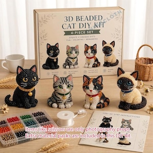 3D-pärlkatt DIY-kit, 4-delat pärlpysselset med svart tabbykalikå och siames, söt kattfigurpärlkit, DIY-pyssel med husdjurstema