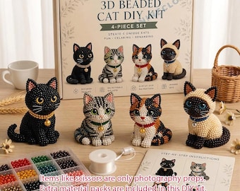 3D Beaded Cat DIY Kit, 4-Piece Black Tabby Calico Siamese Cat Beading Craft Set, Cute Cat Figurine Beading Kit, Pet Themed DIY Craft