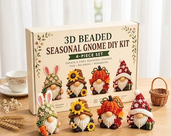 3D Beaded Seasonal Gnome DIY Kit Set of 4 Holiday Gnome Figurines Beginner Friendly Bead Craft Set Spring Easter Fall Winter Decor