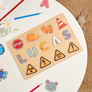 Traffic Sign Themed Name Busy Puzzle, Wooden Learning Toy with Safety Symbols, Nursery Decor for One Year Old, Busy Board Puzzle, Boy Gift