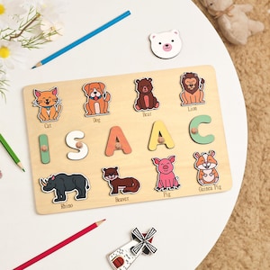 Custom Name Puzzle with Animals, Cute Animals Wooden Toys, Handmade Baby Shower, First Birthday 1st Gifts, Unique New Baby Gift