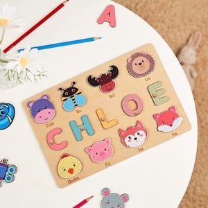 Custom Cute Name Puzzle with Animals, Personalized Birthday Gift for Kids, Wooden Toys, Baby Shower, Christmas Gifts, First Birthday Gift