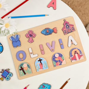 Casse-tête de baptême, cadeau de baptême pour fille, casse-tête de nom en bois, casse-tête religieux, casse-tête personnalisé carte occupée, cadeaux de baptême