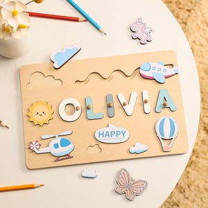 Personalized Kids Name Puzzle with Airplane Vehicles, Wooden Sensory Busy Board, Unique Birthday/Nursery Decor Gift, Toddler Activity Toy