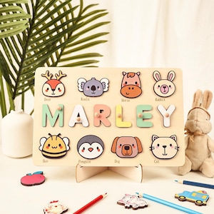 Custom Name Puzzle with Animals, Baby Shower Gift, Nursery Decor, Montessori Toy for Toddler Learning, Personalized First Birthday for Kids