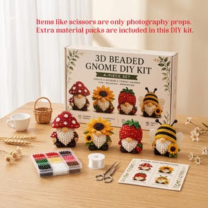 May include: A 3D beaded gnome DIY kit box featuring four finished gnome figures: a mushroom gnome, a sunflower gnome, a strawberry gnome, and a bee gnome. Includes a plastic bead organiser, a spool of white thread, and an instruction sheet.