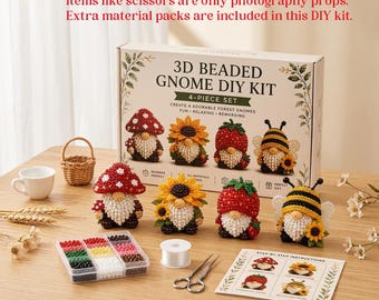 3D Beaded Forest Gnome DIY Kit, Set of 4 Mushroom Sunflower Strawberry Bee Gnome Bead Craft Beginner Friendly Spring Home Decor Ornament Kit
