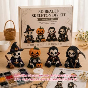 3D Beaded Halloween Skeleton DIY Kit Set of 4 Witch Pumpkin Vampire Grim Reaper Skeleton Bead Craft Beginner Spooky Ornament Kit Home Decor