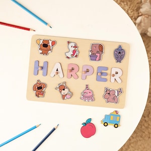 Custom Baby Name Puzzle with Animals, Wooden Montessori Toy with Pegs, Toddler Learning Puzzle, Baby Shower Gift, First Birthday Gift