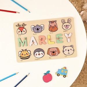 Personalized Name Puzzle with Animals, Montessori Toy for Toddler Learning, Baby Shower Gift, Nursery Decor, Custom First Birthday for Kids