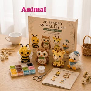 May include: A 3D beaded animal DIY kit box with four finished beaded figures: a bee, an owl, a giraffe, and a duck. The set includes a clear plastic container with colourful beads, a spool of white thread, metal scissors, and an instruction booklet.