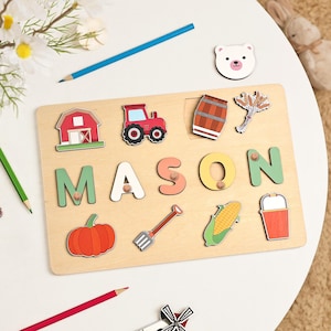 Bauernhof Thema Holz Namenspuzzle, personalisierte Kinder beschäftigt Brett, Geschenk für Baby, Baby Namenspuzzle, erstes Geburtstagsgeschenk, personalisiertes Geschenk