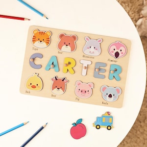 Animal Puzzle with Baby Name, Custom Montessori Toddler Toy, Nursery Decor, Personalized Wooden Puzzle, First Birthday/Baby Shower Gift