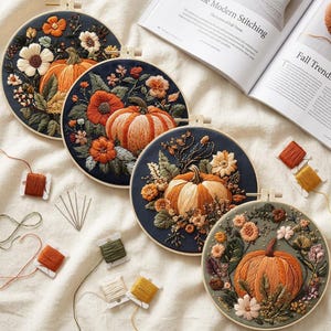 Peut inclure: Quatre tambours à broder circulaires présentant des motifs de citrouilles et de fleurs cousus sur du tissu sombre. Les tambours sont disposés avec des bobines de fil à broder colorées, des aiguilles et un livre ouvert intitulé Modern Stitching.