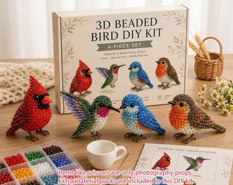 3D Beaded Bird DIY Kit 4-Piece Cardinal Hummingbird Bluebird Robin Beading Craft Set Beginner Beaded Figurine Kit Gift for Bird Lovers