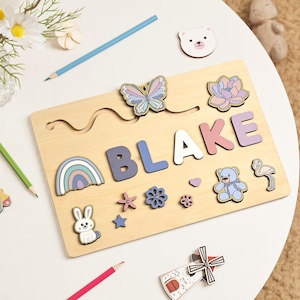 Custom Name Puzzle with Animals, Butterfly/Rainbow Name Puzzle, Personalized Baby Shower, Toddler, Wooden Busy Board Puzzle,  First Birthday