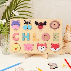 Custom Cute Name Puzzle with Animals, Personalized Birthday Gift for Kids, Wooden Toys, Baby Shower, Christmas Gifts, First Birthday Gift