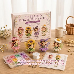 May include: A 3D beaded flower fairy DIY kit including a box with illustrations of four fairy figures, four finished beaded fairy figurines, a plastic organizer with colorful beads, a spool of white thread, and an instruction booklet.