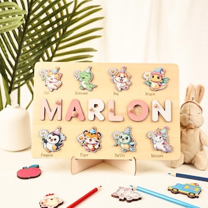 Flower Animals Wooden Name Puzzle for Kids, First Birthday Gift, Personalized Montessori Toddler Toys, Custom Baby Gift, Baby Shower Present