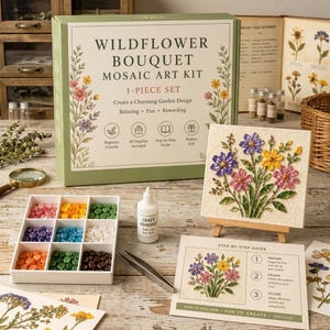 May include: A Wildflower Bouquet Mosaic Art Kit in a green box with a finished floral mosaic on a wooden easel, a white tray with colourful square tiles, a bottle of craft adhesive, metal tweezers, and an instructional guide with steps.