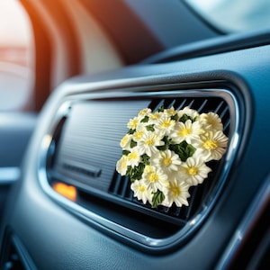 May include: A car air vent with a decorative cluster of white and yellow daisy-like flowers. The flowers are set against a black vent in a blue car interior. The image is well-lit, with a soft focus on the flowers.