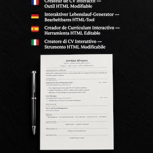 Könnte beinhalten: Eine digitale Lebenslaufvorlage mit dem Titel Vividreach Interactive Resume Builder und einem bearbeitbaren HTML-Tool. Das Dokument zeigt einen Musterlebenslauf für Jordan Alvarez, begleitet von einem silbernen Stift und Symbolen für Online-Bearbeitung.
