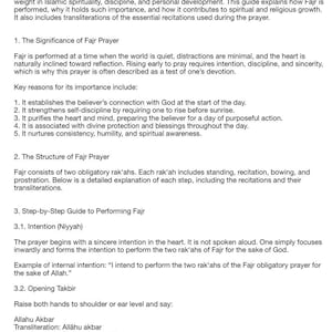 May include: A complete guide to the morning prayer (Fajr) in Islam, detailing its performance, purpose, and spiritual benefits. The guide includes transliterations and explanations of the prayer's steps and recitations. The text is in black on a white background.