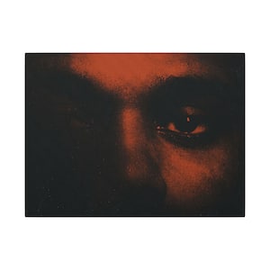 May include: Close-up of a canvas print featuring a stylized, abstract portrait. The artwork showcases a face with a prominent eye, rendered in shades of black and burnt orange, creating a dramatic and intense visual.