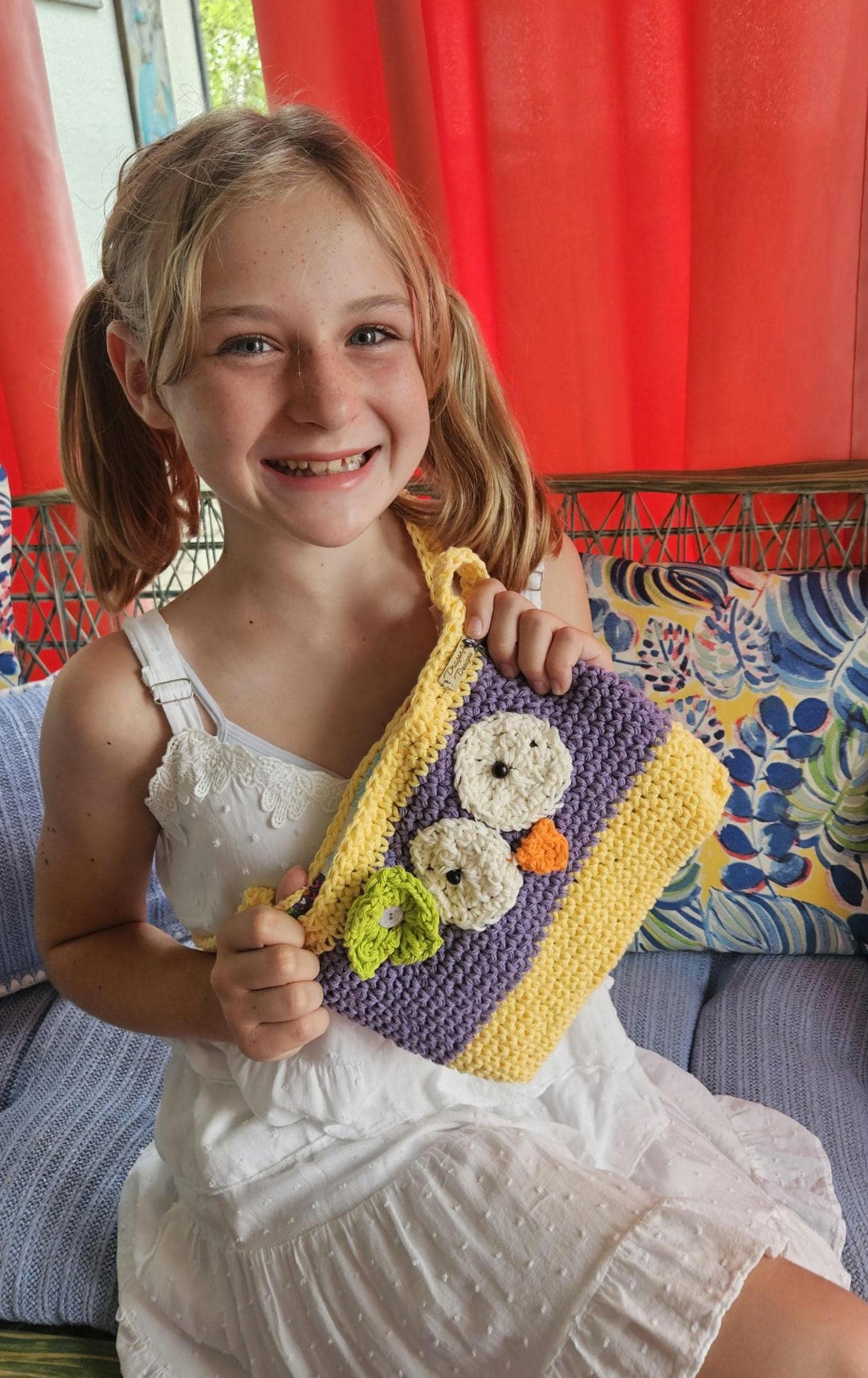 Crocheted Cotton Owl Purse: Handmade Yellow & Purple Bag, shoulder strap