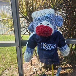 Crocheted Sock Monkey Golf Club Cover; Tampa Bay Rays Jersey