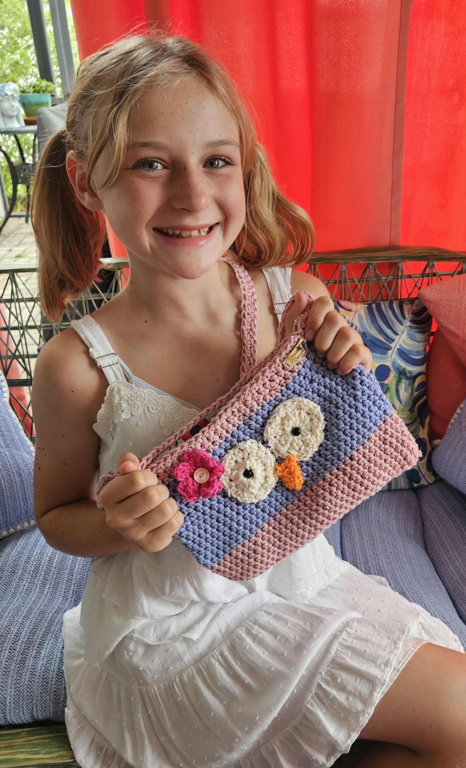 Handmade Crocheted Cotton Owl Purse: Pink & Lilac, Owl Print Lining Print Bag, shoulder, OAK