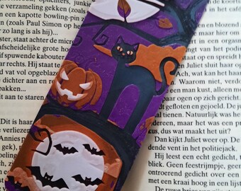 Unikt 3D-printat bokmärke för Halloween-spökkatt | Fladdermusdesign | Handgjort | PLA-bokmärke | Gåva för skräckfans