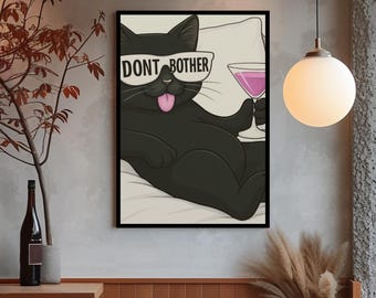 Arte mural de gato negro – "No te molestes" – Decoración de bar para el hogar – Decoración de bar imprimible / Gato bebiendo martini / MakeItLush