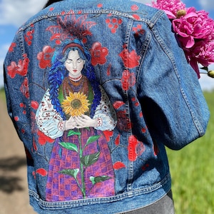 Hand-Painted Denim Jacket – Ukrainian Woman with Sunflower | Folk Art Clothing | One-of-a-Kind Jean Jacket | Ethnic Wearable Art