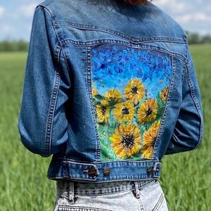 Hand Painted Denim Jacket with Sunflowers | Ukrainian Folk Art | Custom Jean Jacket | Unique Gift for Her | Summer Outfit