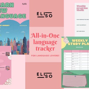 Könnte beinhalten: Ein digitales Sprachlern-Planer-Set mit einem rosa Deckblatt mit dem Text Learn New Language, einer Stadtsilhouette, einem wöchentlichen Lernplan in Grün und einem Fortschrittsblatt mit dem Text Don't Give Up und Eliso-Branding.