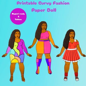 Kurvige Printable Paper Doll | Schwarze Modepuppe | Tisch & Magnet-Ready | Zum Basteln für Kinder
