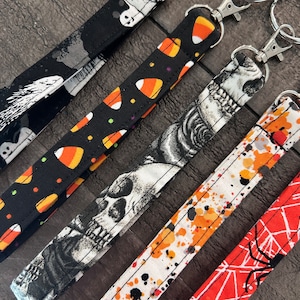 Halloween Keychain Wristlet Skull, Ghost, Candy Corn, Splatter, Spider Print