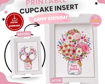 Modello per inserto per cupcake con bouquet di fiori, porta cupcake di buon compleanno, inserto per scatola con bouquet di 3 cupcake, espositore per cupcake stampabile
