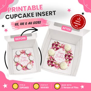Mall för insats till muffinsask med gratulationskort, utskrivbar, rosa tulpaner för 6 muffins, blombukettdisplay, USA Storbritannien Australien