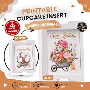 Happy Birthday Cupcake Insert Template, Flower Bouquet Cupcake Holder, 3 Cupcake Box Insert, Printable Cupcake Bouque Floral Gift Box Insert