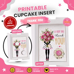Mall för cupcake-insats med tack, hållare för cupcakebukett, utskrivbara insatser för 2 cupcake-askar, presentask för blommiga cupcakes, bageriförpackning
