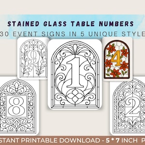 May include: Stained glass table numbers in five unique styles. The image shows event signs with numbers 1, 2, 4, 8, and 9, each in a different stained glass design. The text says "30 event signs" and "Instant Printable Download - 12.7 x 17.8 cm PDF".